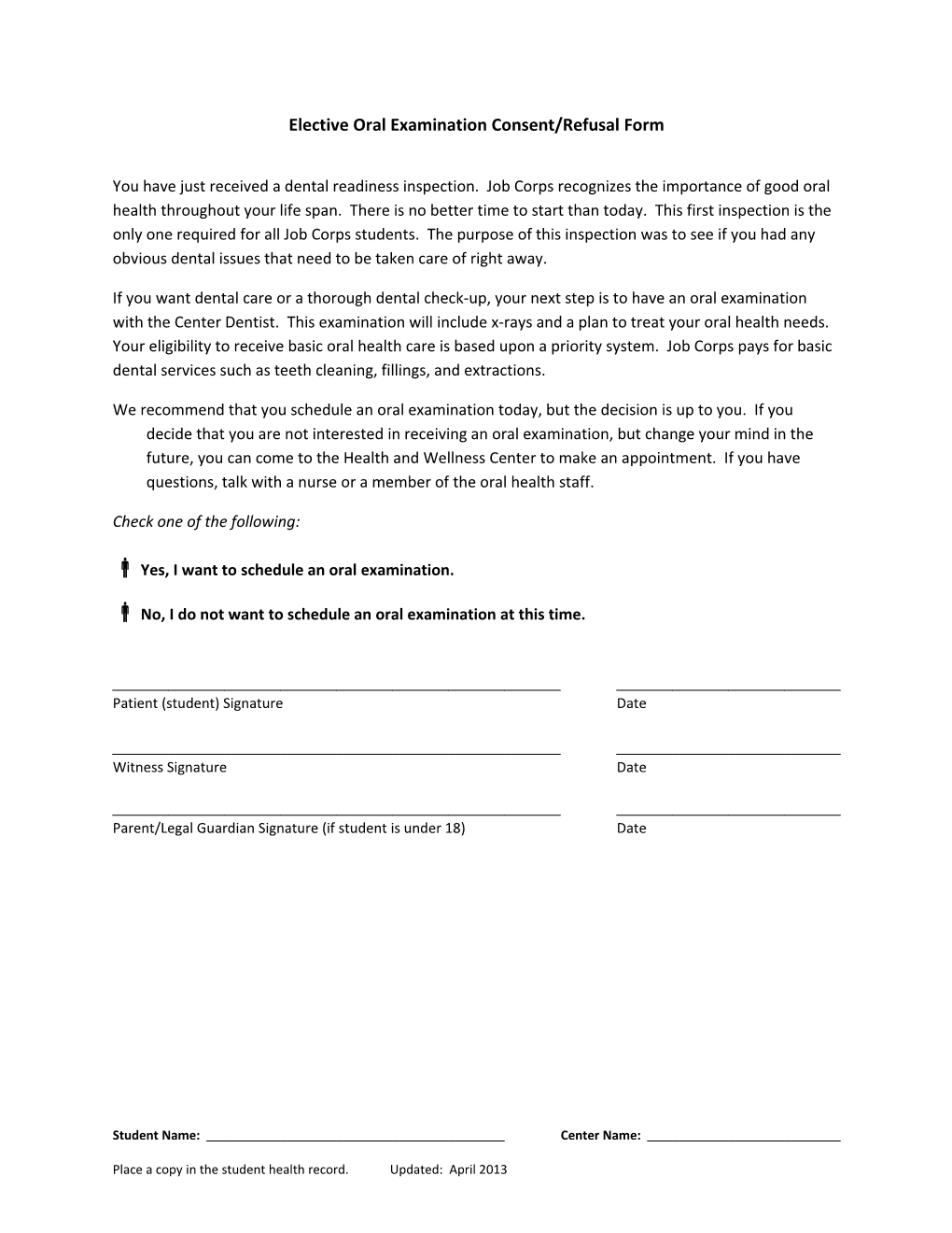 Elective Oral Examination Consent/Refusal Form