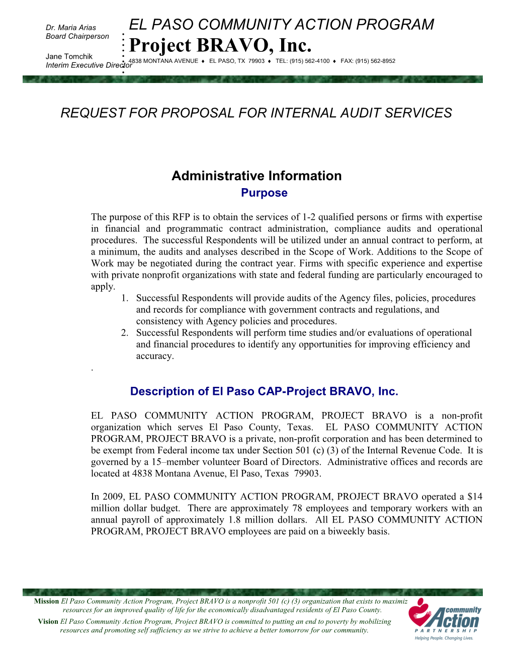 Request for Proposal for Internal Audit Services