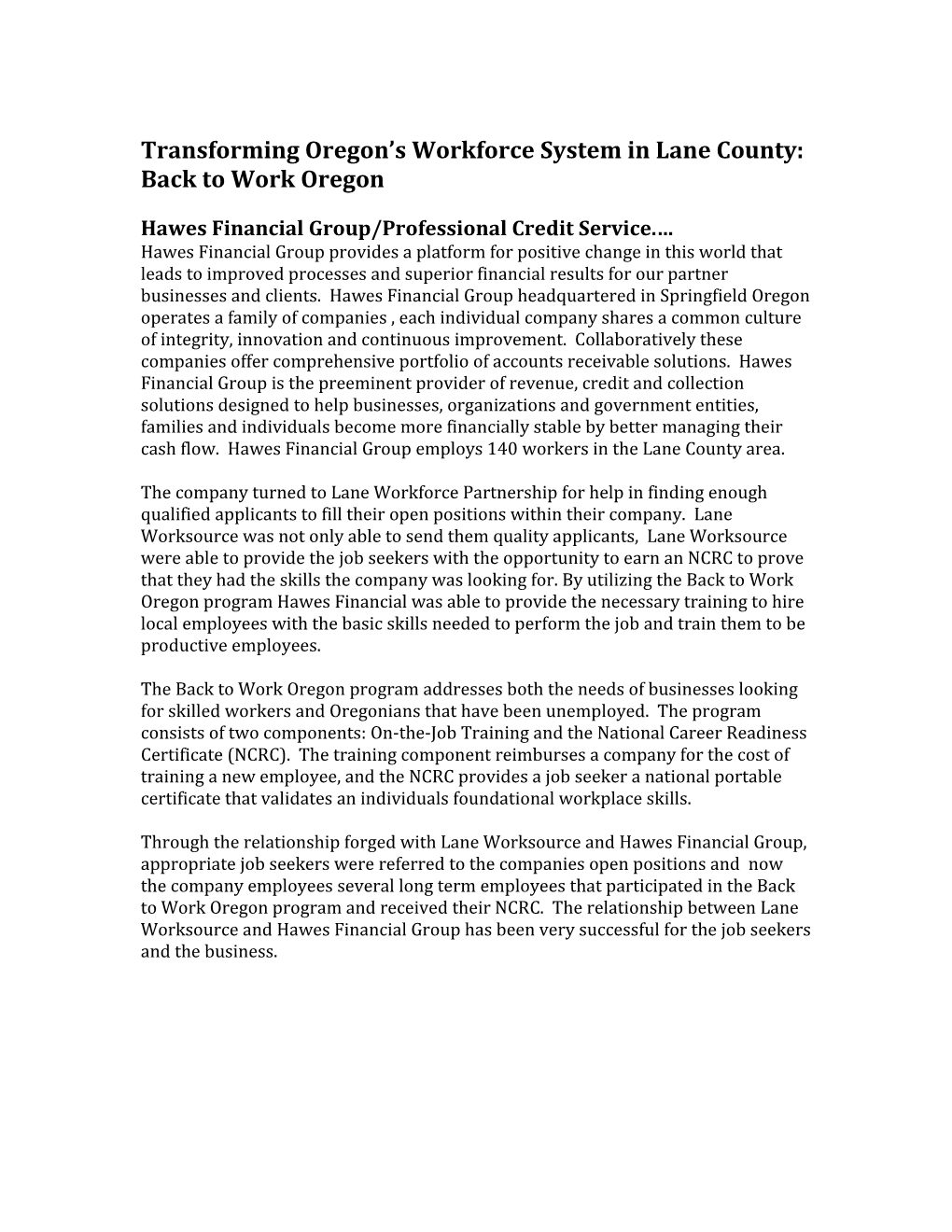 Transforming Oregon S Workforce System in Lane County