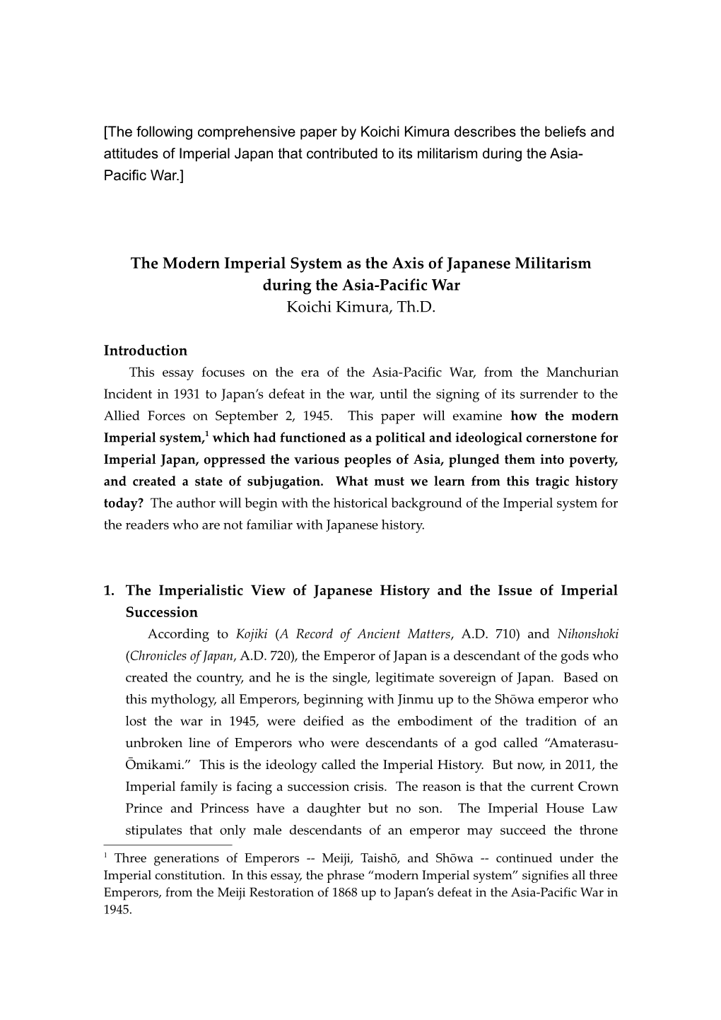 The Modern Imperial System As the Axis of Japanese Militarism