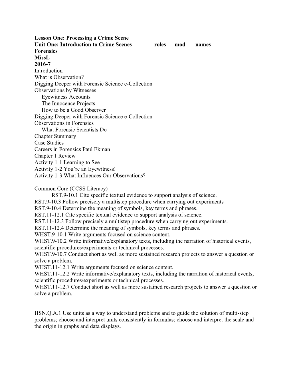 Unit One: Introduction to Crime Scenesroles Mod Names