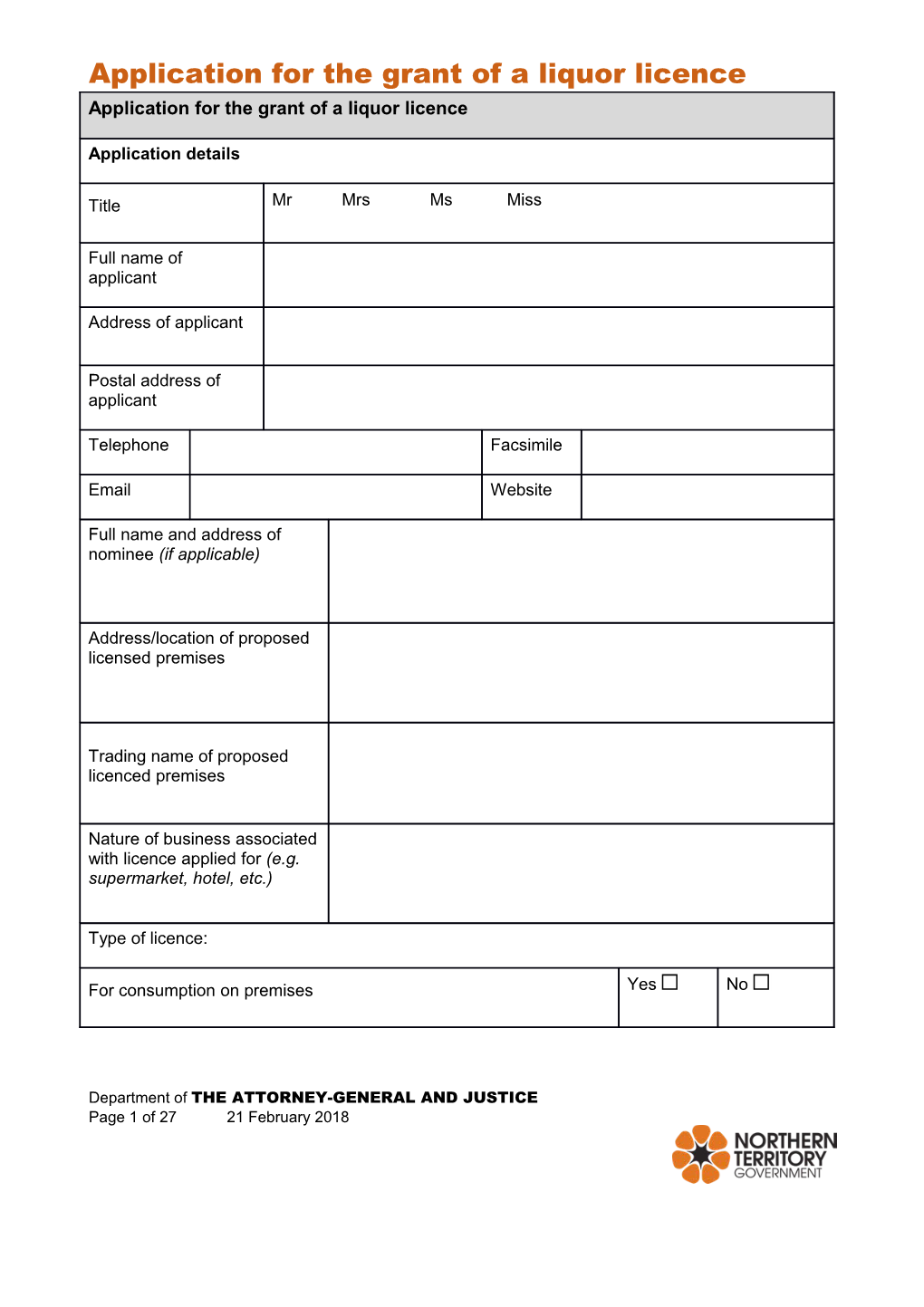 Application for the Grant of a Liquor Licence