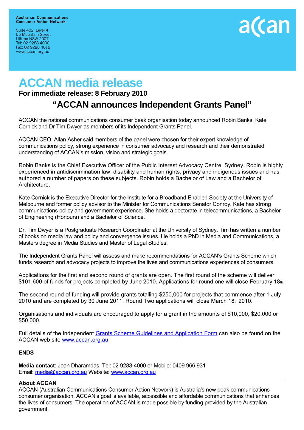 ACCAN Announces Independent Grants Panel