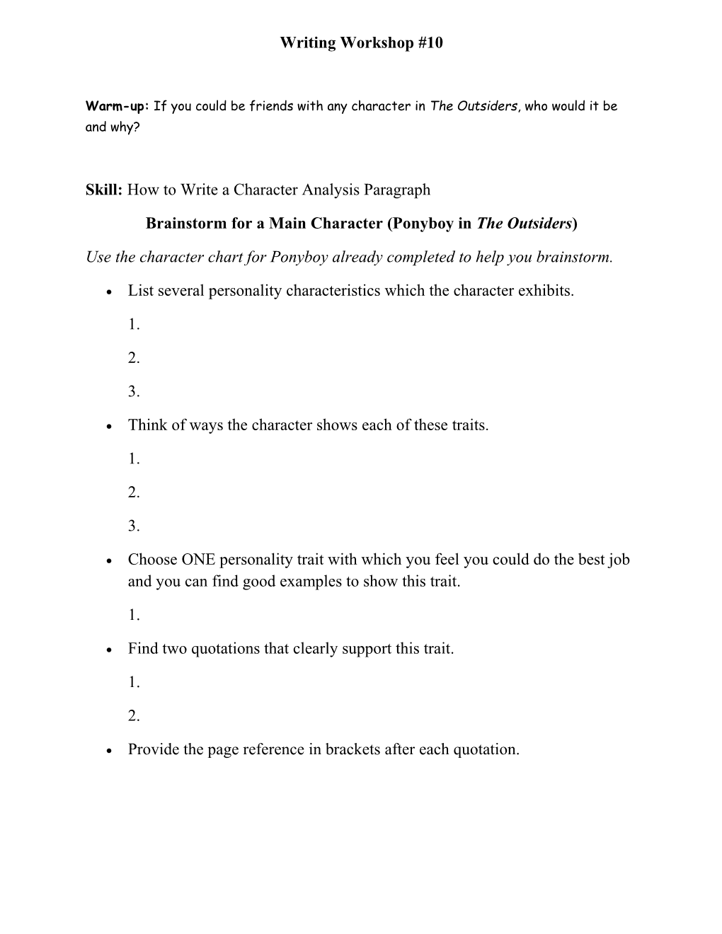 Brainstorm for a Main Character (Ponyboy in the Outsiders)