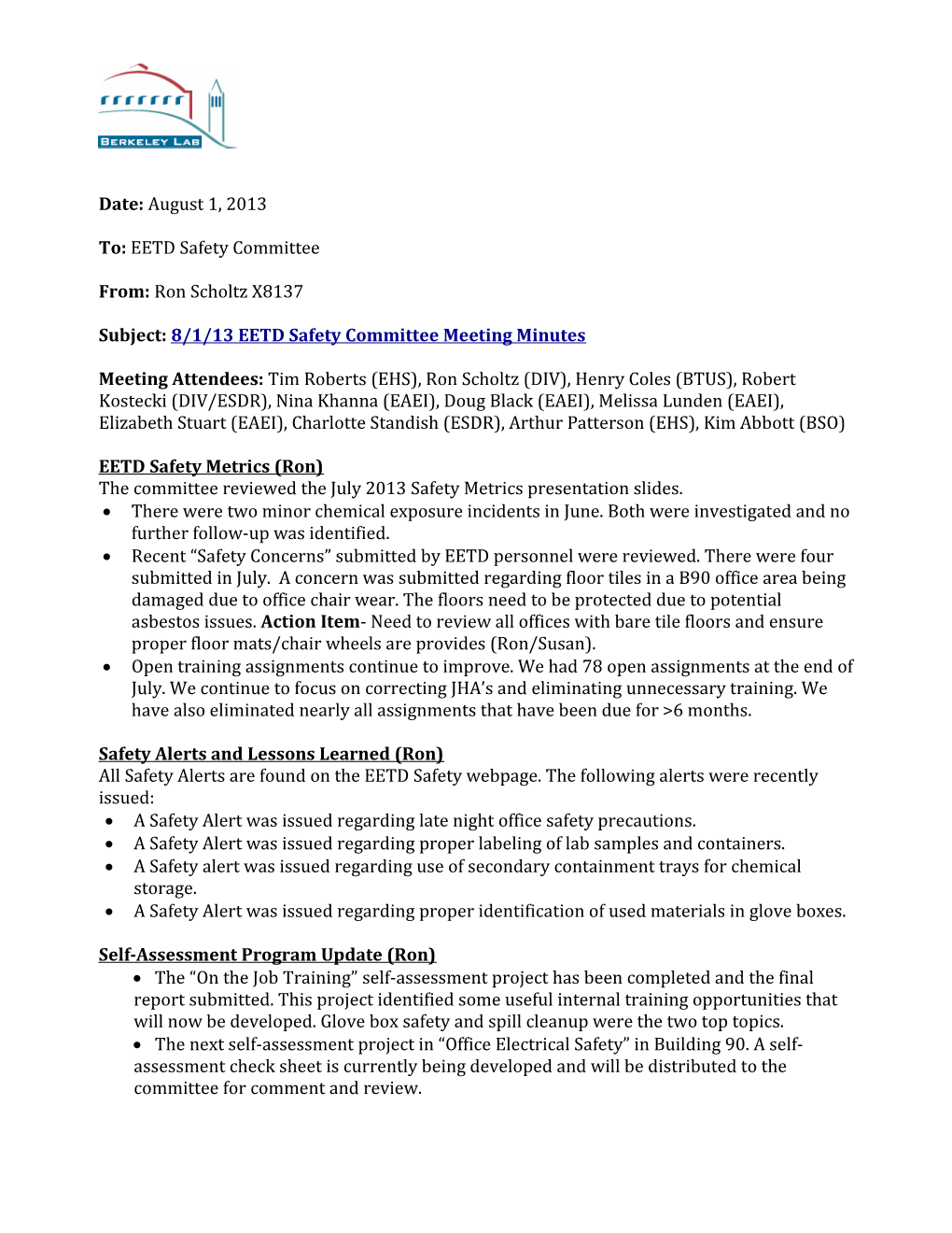 Subject:8/1/13 EETD Safety Committee Meeting Minutes