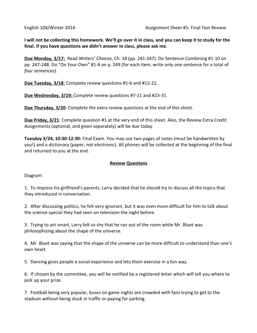 English 104/Winter 2014Assignment Sheet #5: Final Test Review