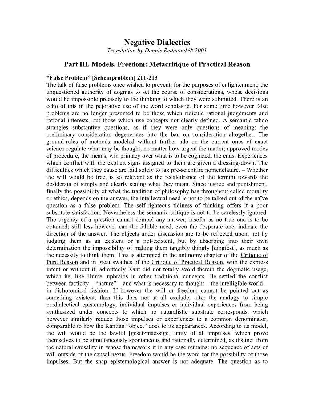 Part III. Models. Freedom: Metacritique of Practical Reason