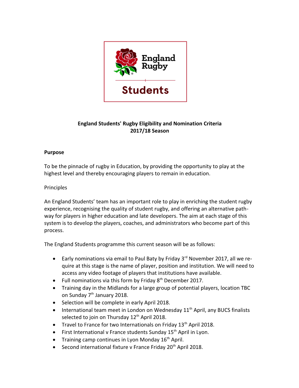 England Students' Rugby Eligibility and Nomination Criteria