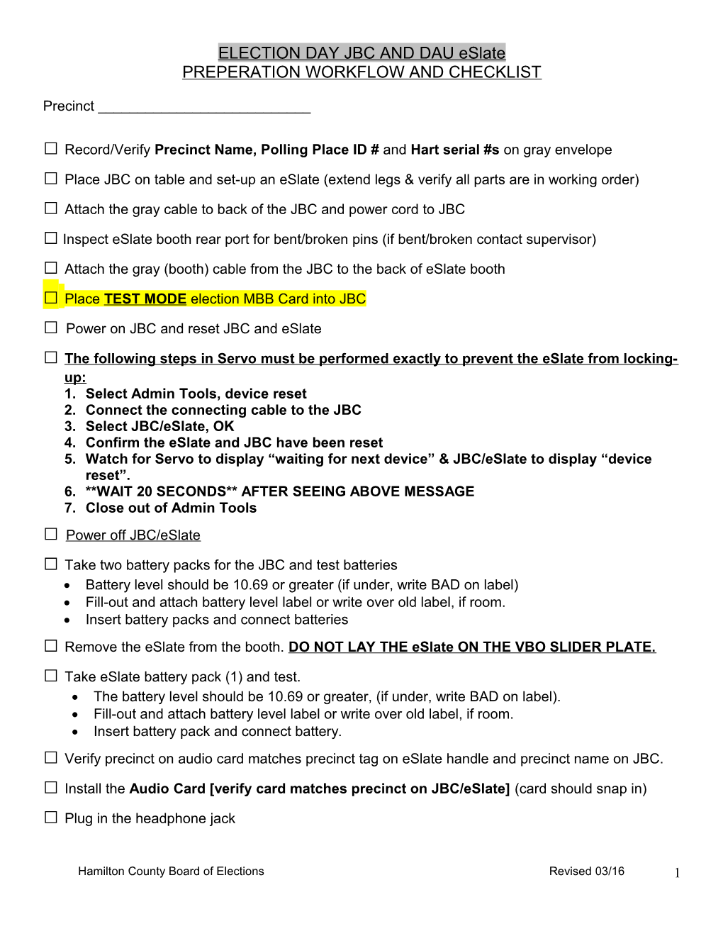 DAU Eslate BOOTH PREPERATION WORKFLOW and CHECKLIST