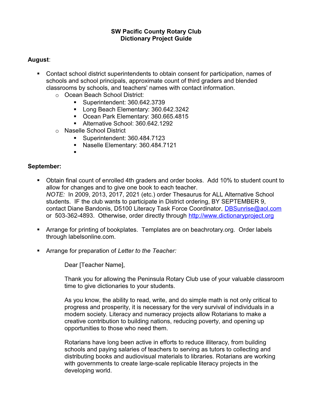 District 5100 Dictionary Project Timetable