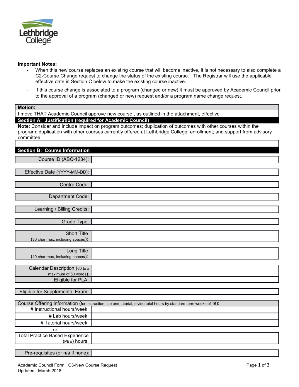 Academic Council Form: C3-New Course Requestpage 1 of 2