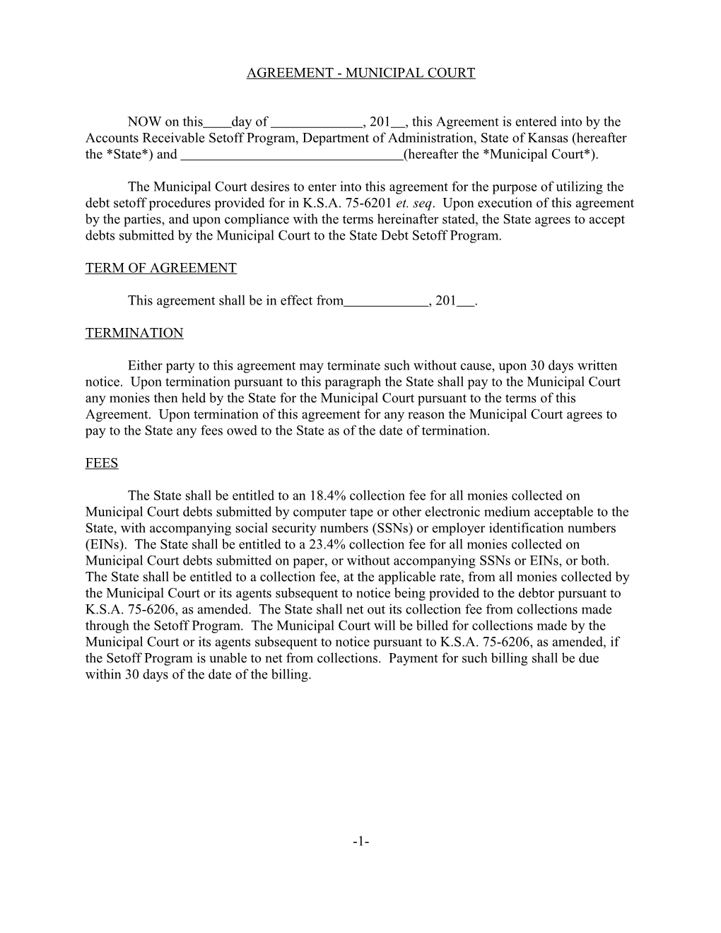 Setoff Agreement - Municipal Court