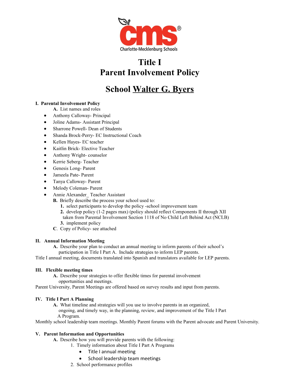 Title I Parent Involvement Policy Template