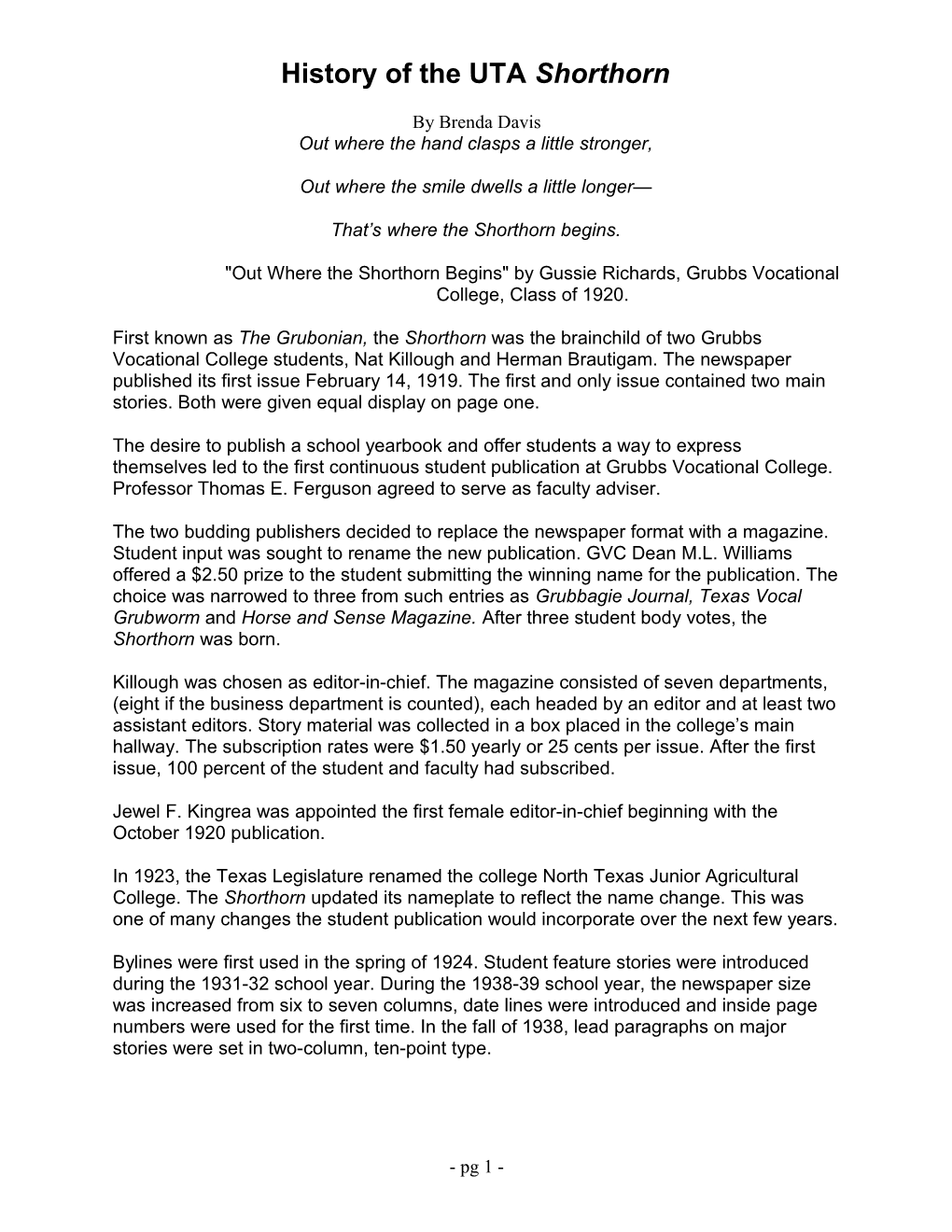 History of the UTA Shorthorn