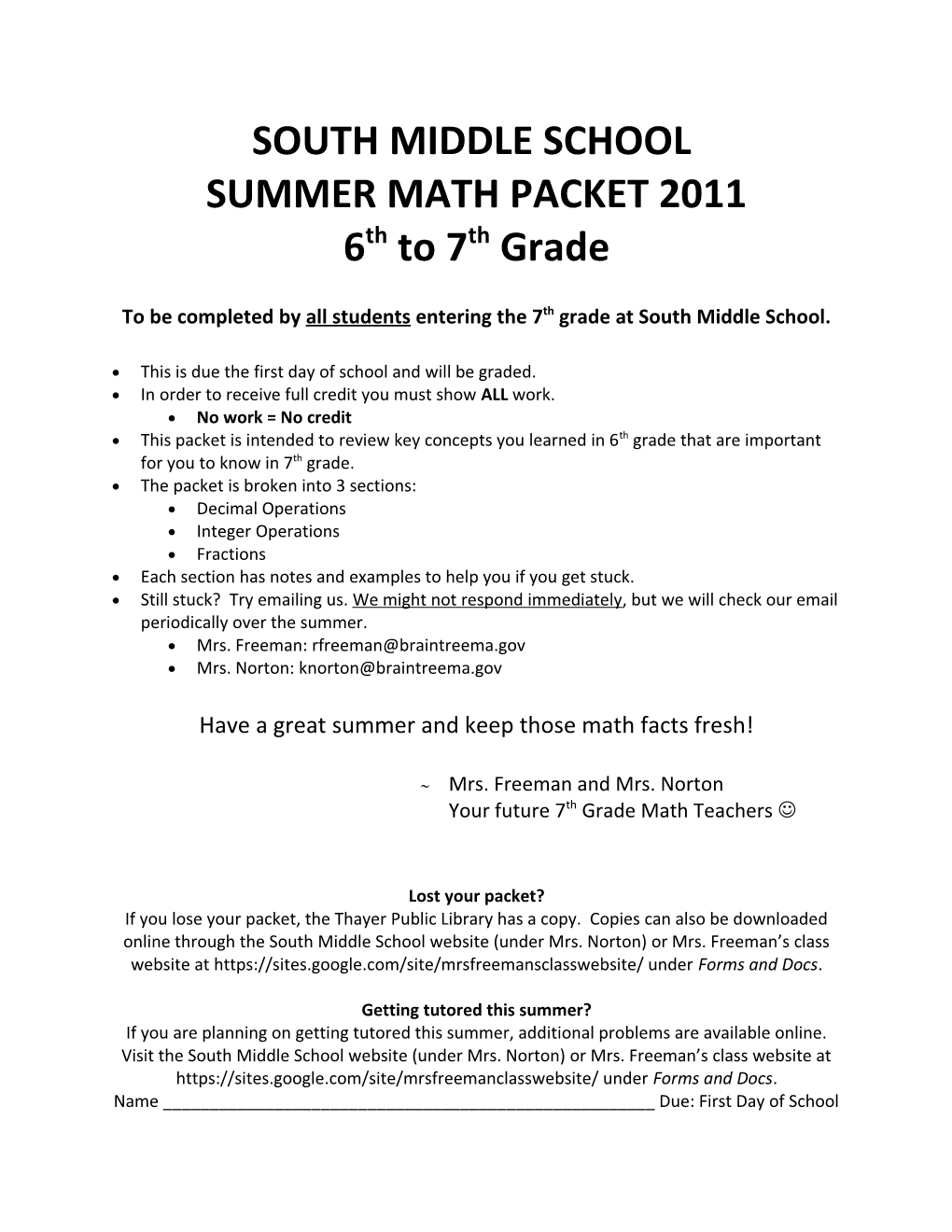 To Be Completed by All Students Entering the 7Th Grade at South Middle School