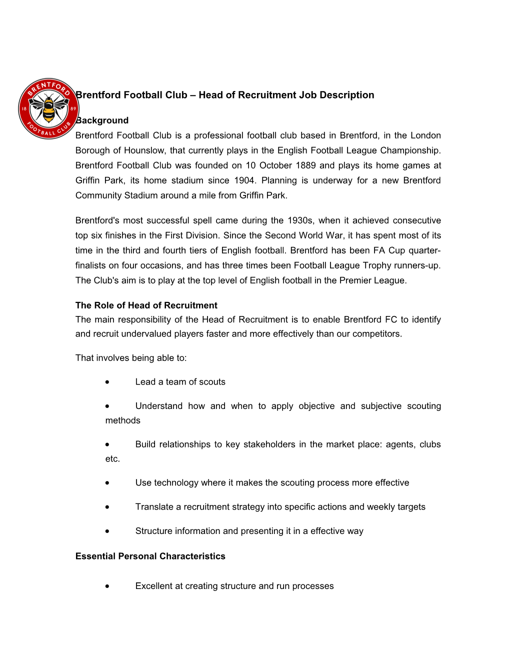 Brentford Football Club Head of Recruitment Job Description