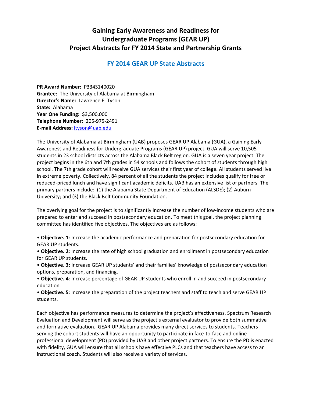 FY 2014 Project Abstracts for State and Partnership Grants Under the GEAR up Program (MS Word)