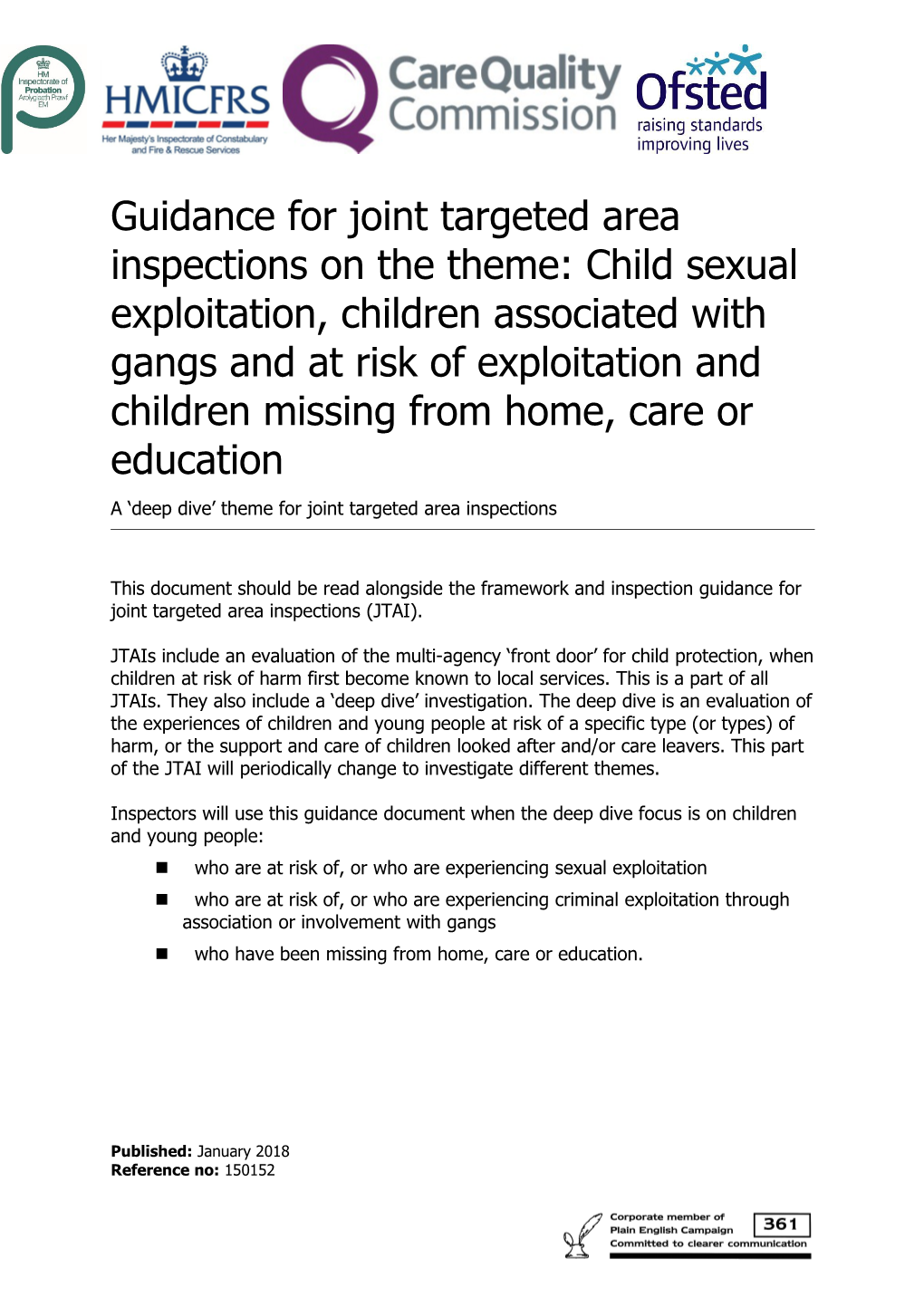 Guidance for Joint Targeted Area Inspections on the Theme: Child Sexual Exploitation, Children
