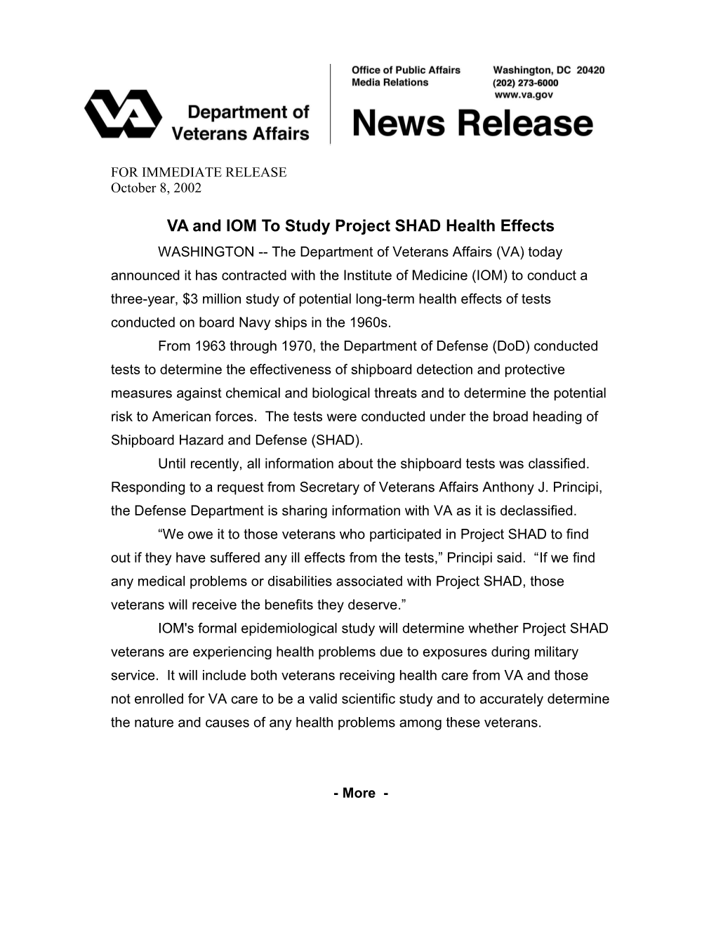 VA and IOM to Study Project SHAD Health Effects