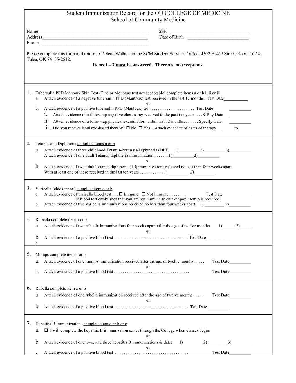 Student Health Form for the COLLEGE of MEDICINE