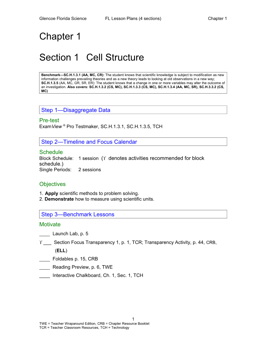 Glencoe Florida Sciencefl Lesson Plans (4 Sections)Chapter 1