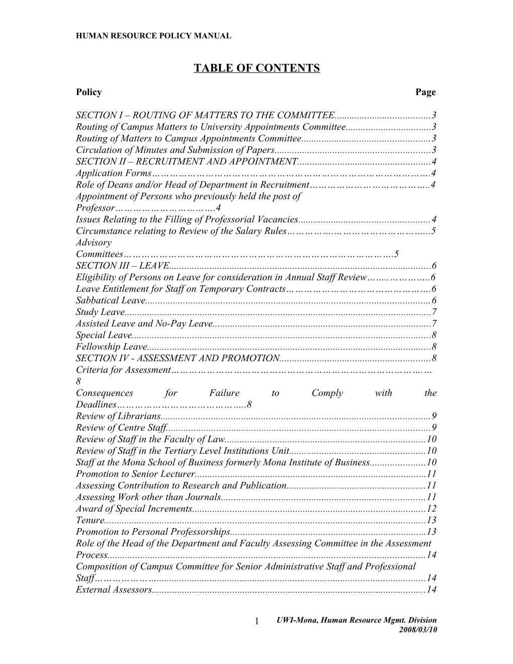 Section I Routing of Matters to the Committee