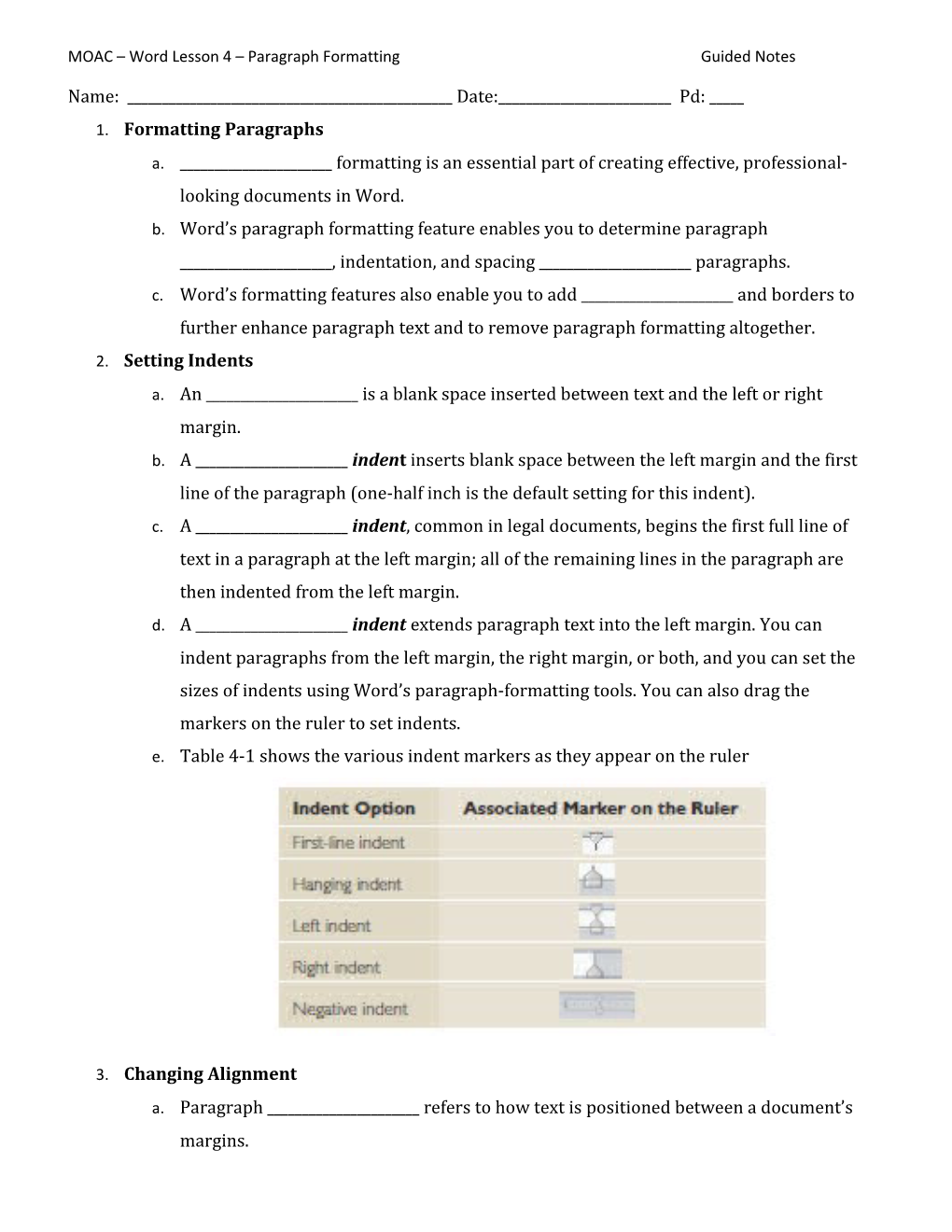 MOAC Word Lesson 4 Paragraph Formattingguided Notes