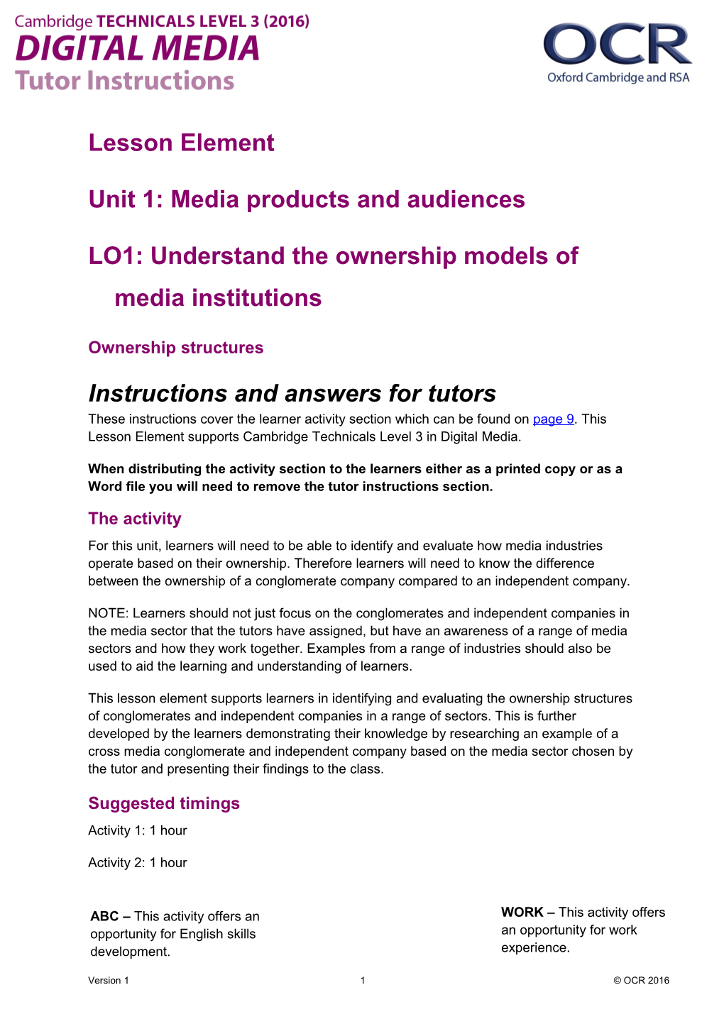 Cambridge Technicals Level 3 Digital Media Lesson Element 1