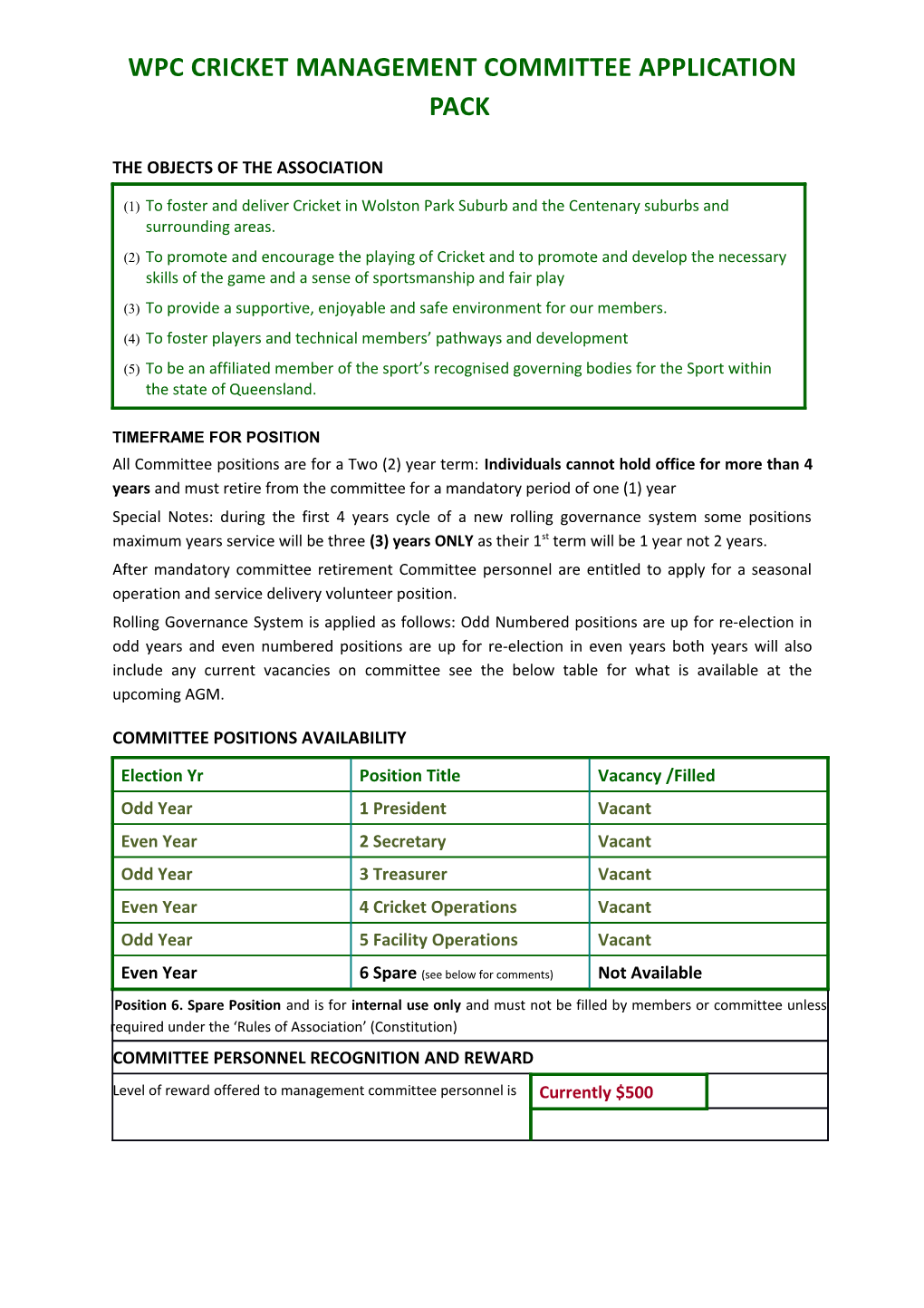 Wpc Cricketmanagement Committeeapplication Pack