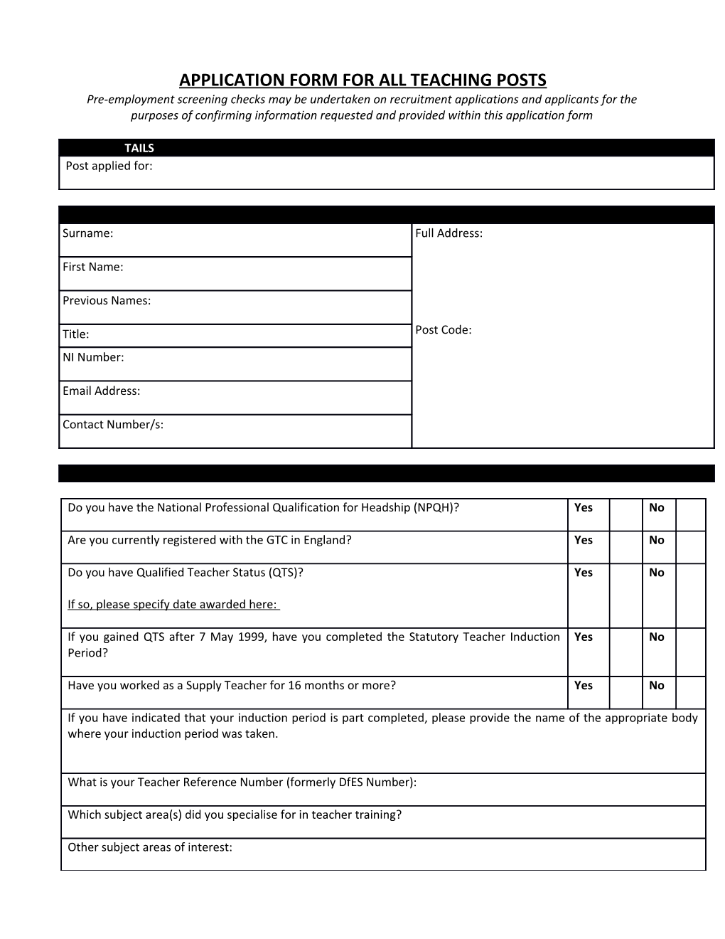 Application Formfor All Teaching Posts