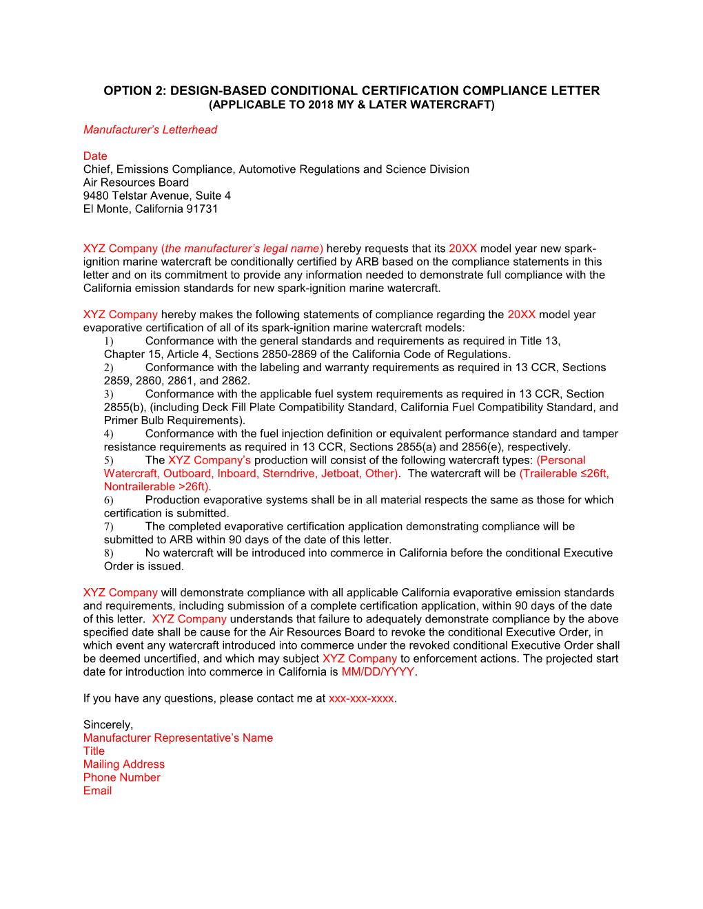 Option 2: Design-Based Conditional Certification Compliance Letter