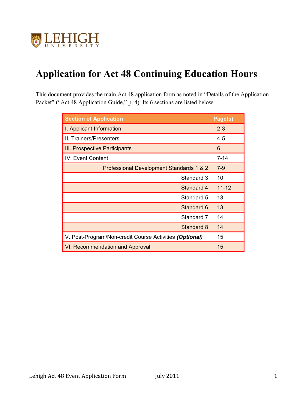 Application for Act 48 Continuing Education Hours