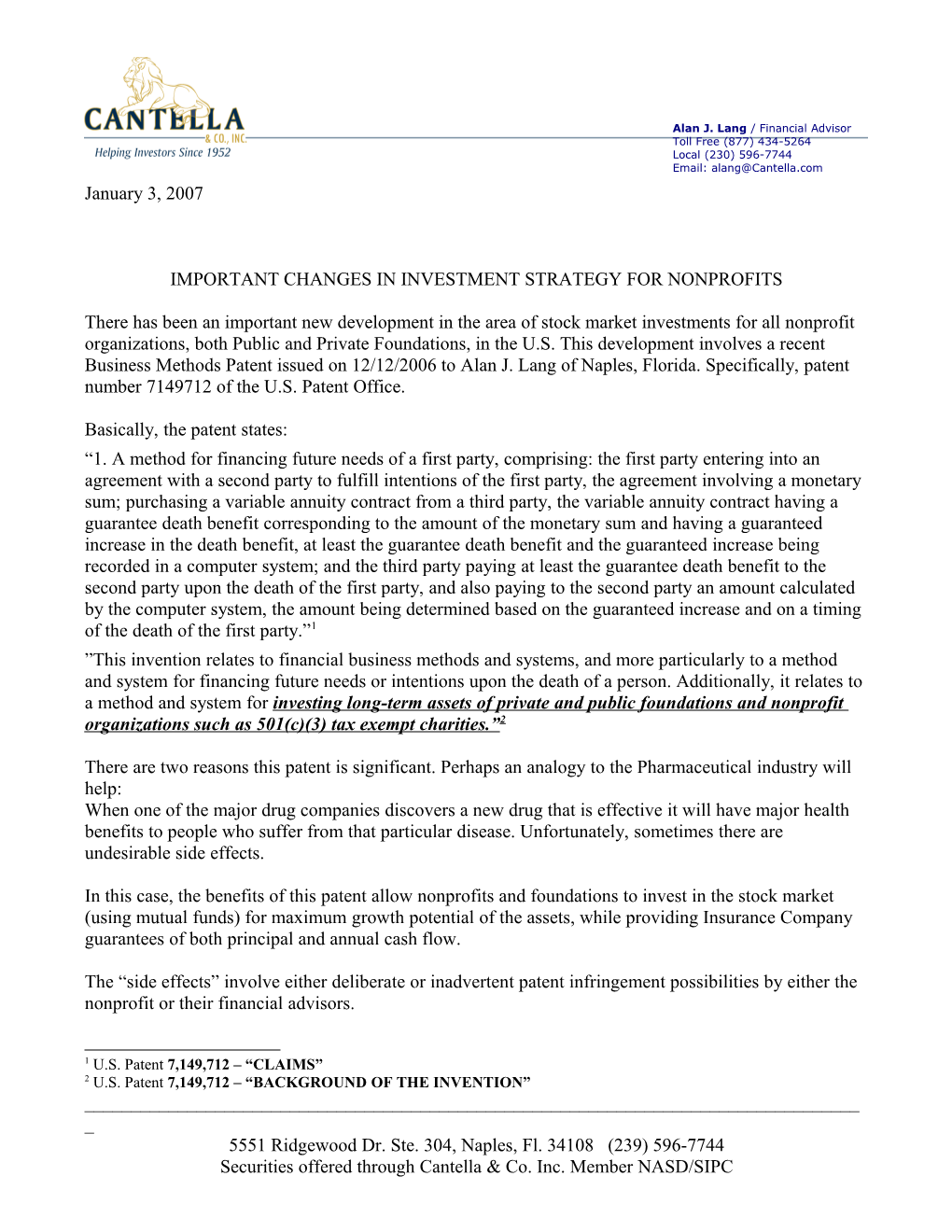 Letter from Alan Lang Warning Practitioners and Taxpayers About His CRT Patent - Jan. 3, 2007