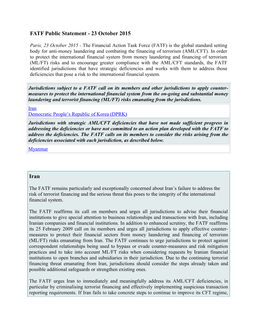 FATF Public Statement - 23 October 2015