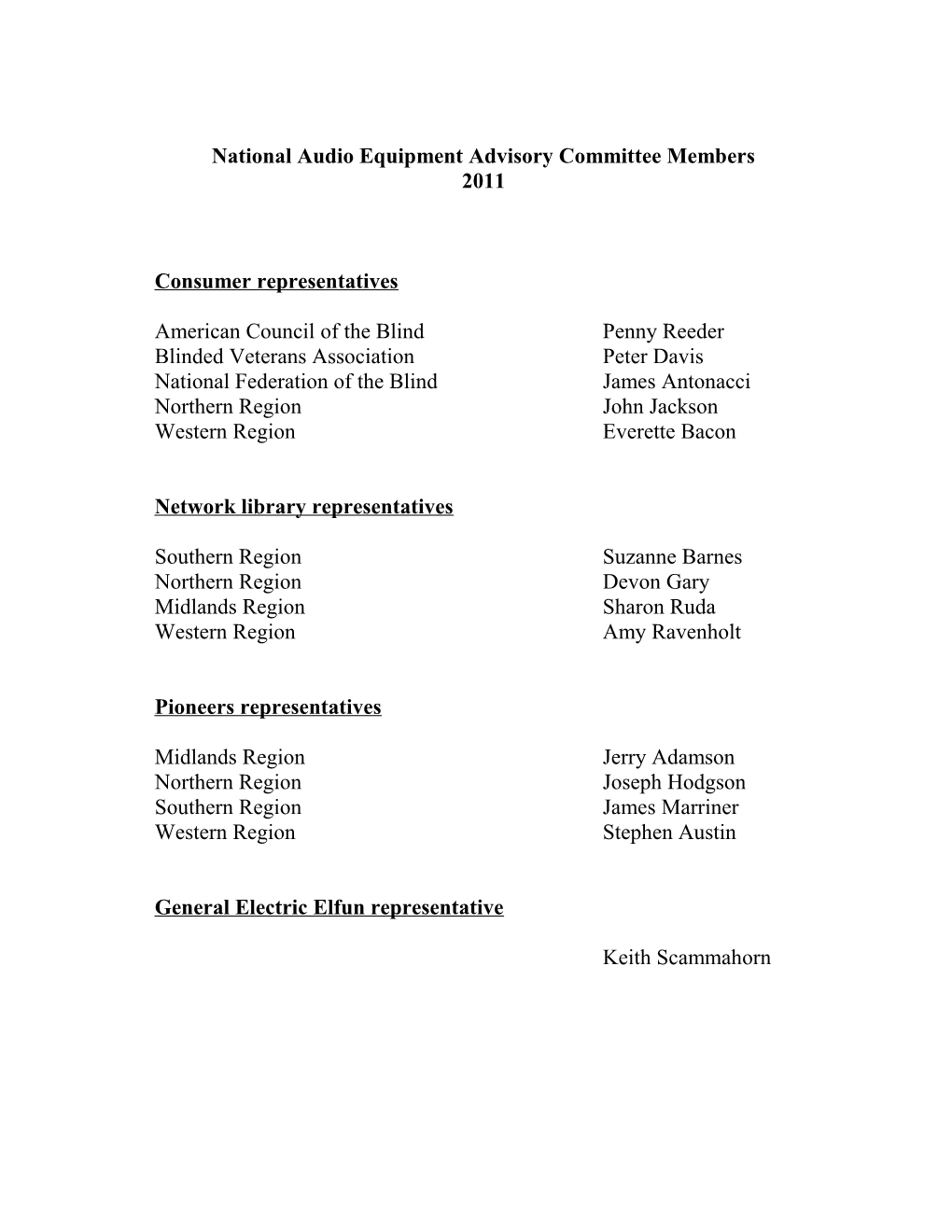 National Audio Equipment Advisory Committee Members