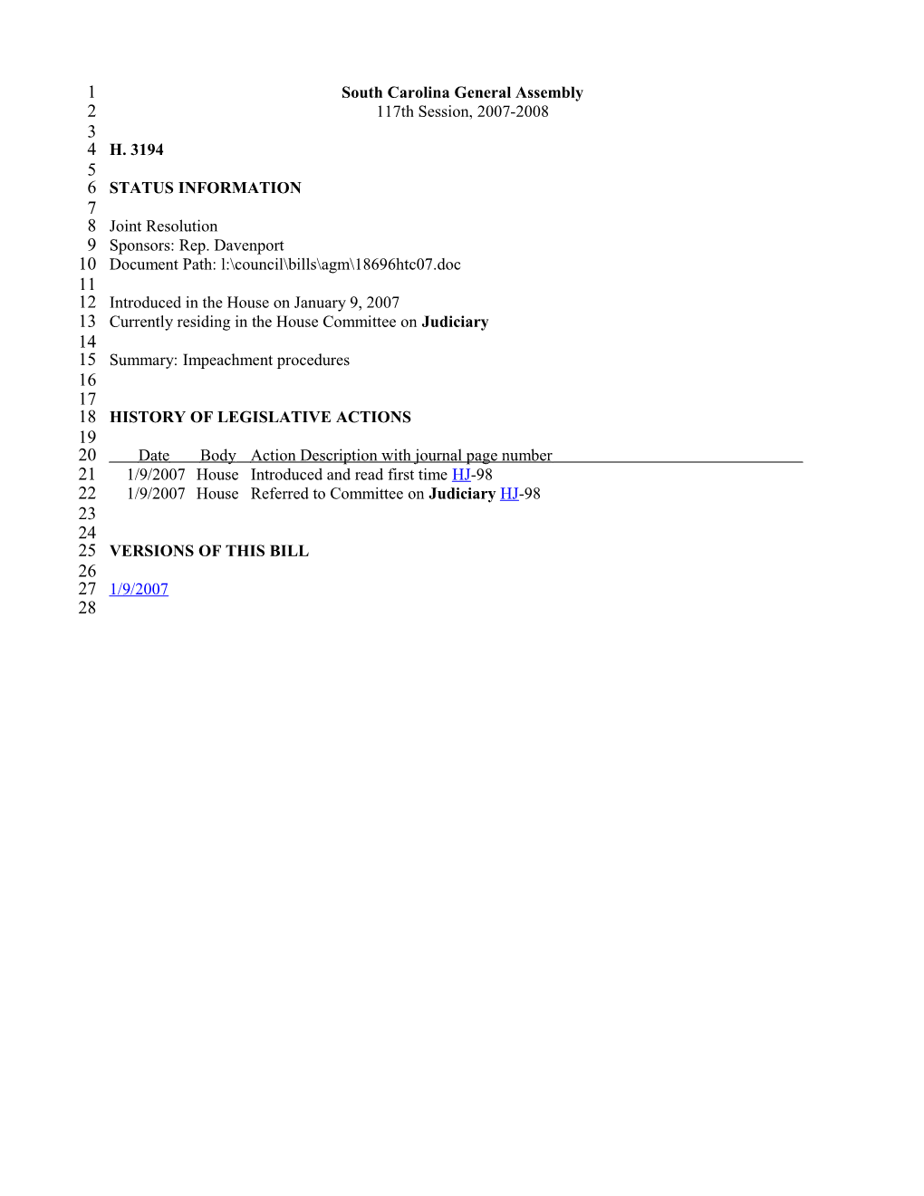 2007-2008 Bill 3194: Impeachment Procedures - South Carolina Legislature Online