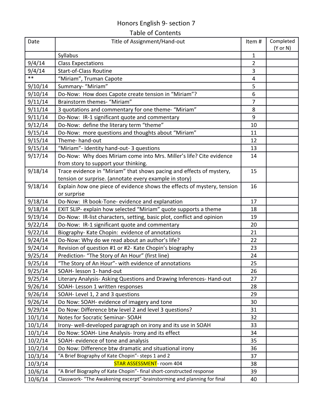 Honors English 9- Section 7