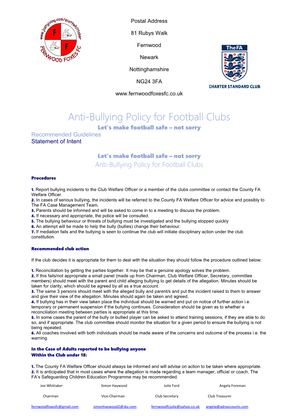 Anti-Bullying Policy for Football Clubs