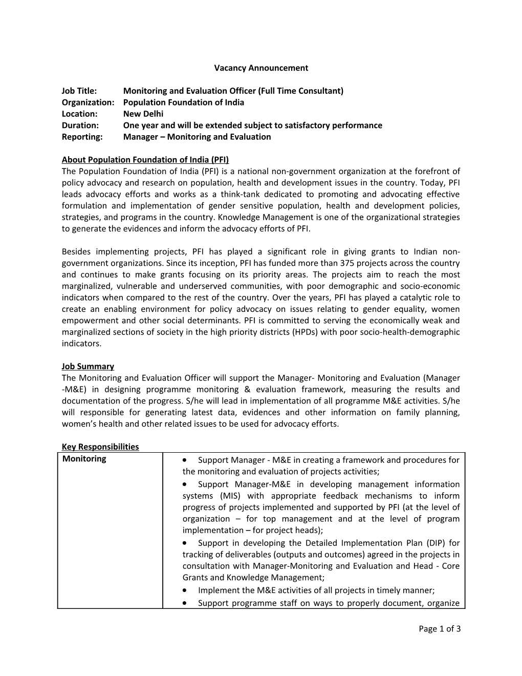 Job Title: Monitoring and Evaluation Officer (Full Time Consultant)