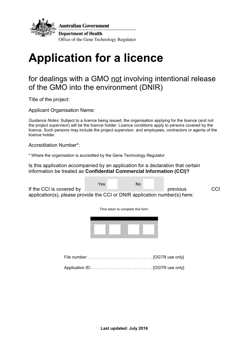 Application for Licence DNIR