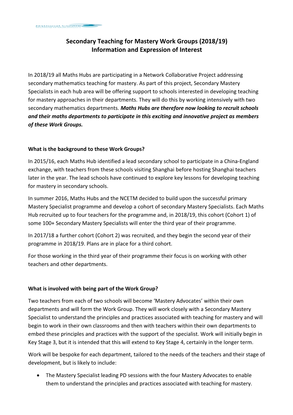 Secondary Teaching for Mastery Work Groups(2018/19)