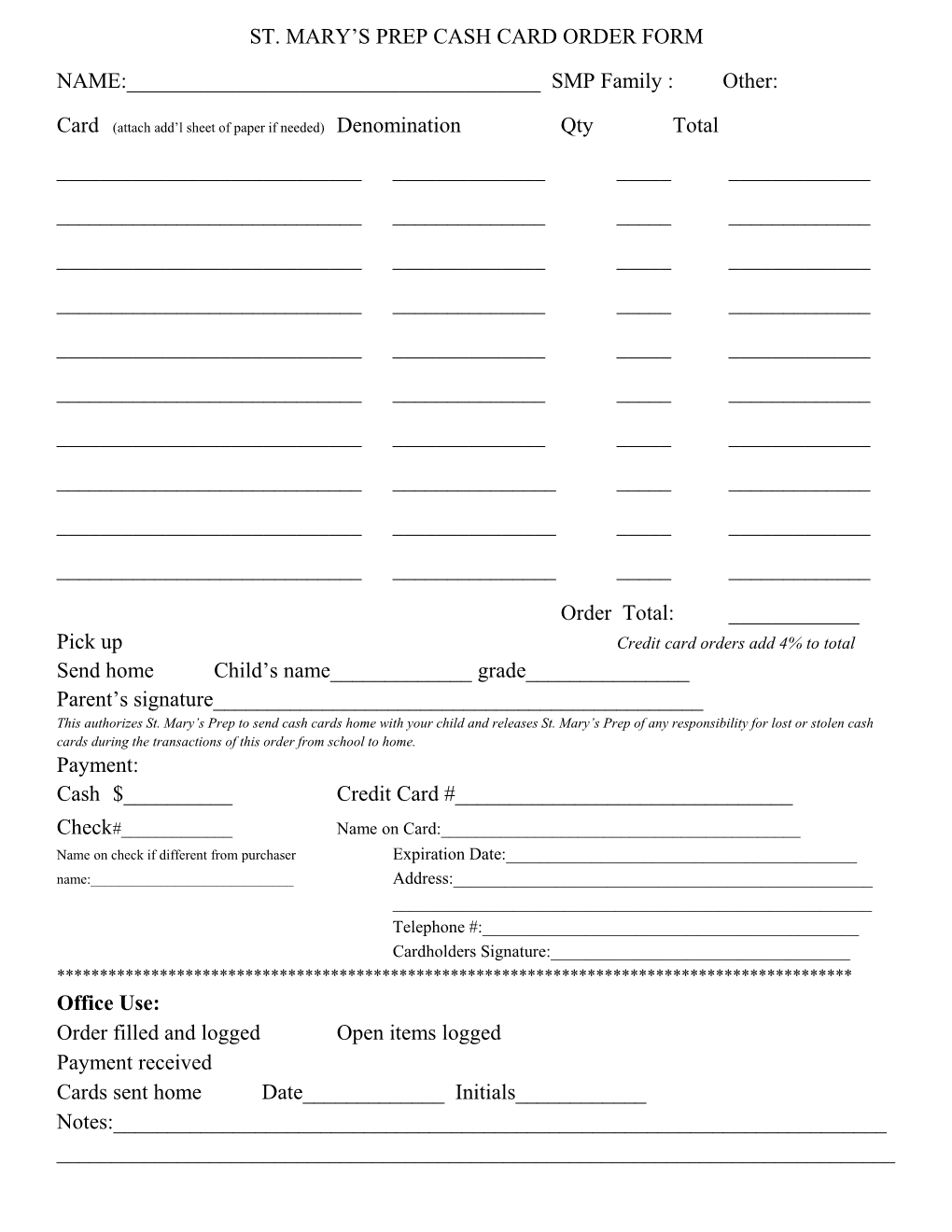 St. Mary S Prep Cash Card Order Form