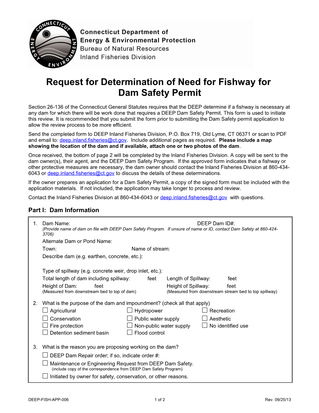 Request for Determination of Need for Fishway for Dam Safety Permit