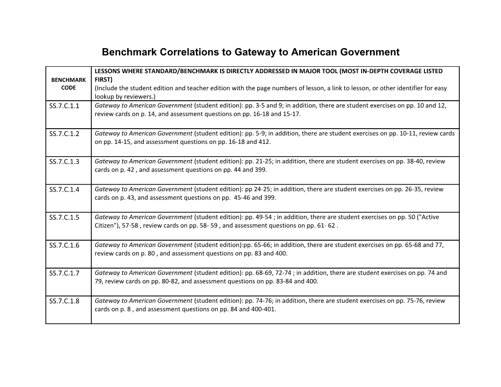 Benchmark Correlations to Gateway to American Government