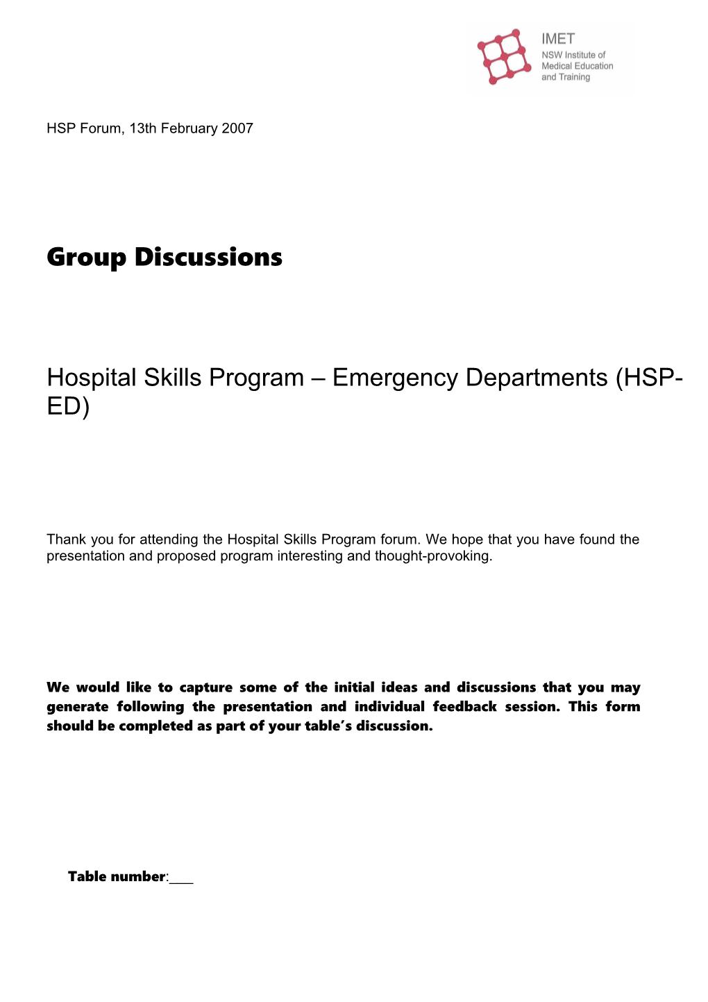 Hospital Skills Program Emergency Departments(HSP-ED)
