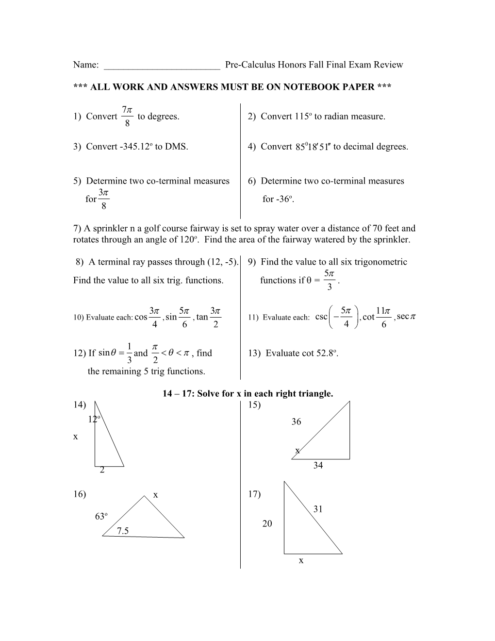 Name: ______ Pre-Calculus Level Fall Final Exam Review