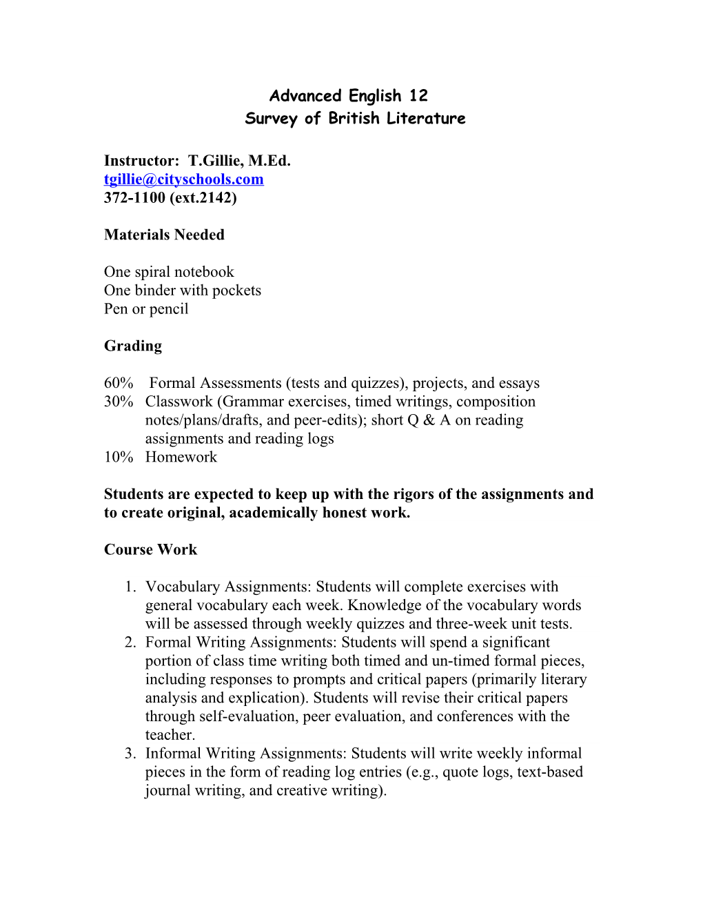 Course Syllabus: English 12 Survey of British Literature