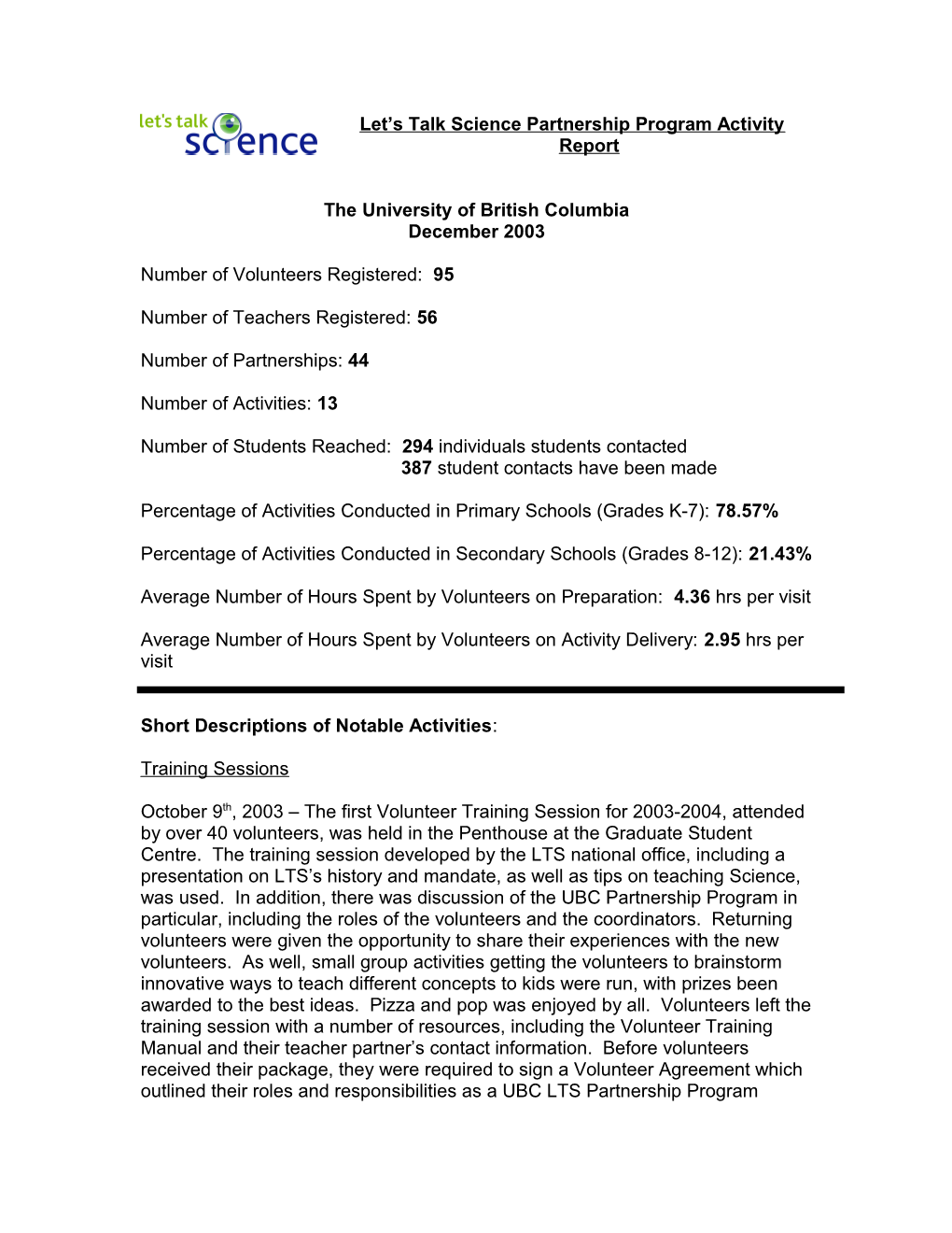 Let S Talk Science Partnership Program Activity Report