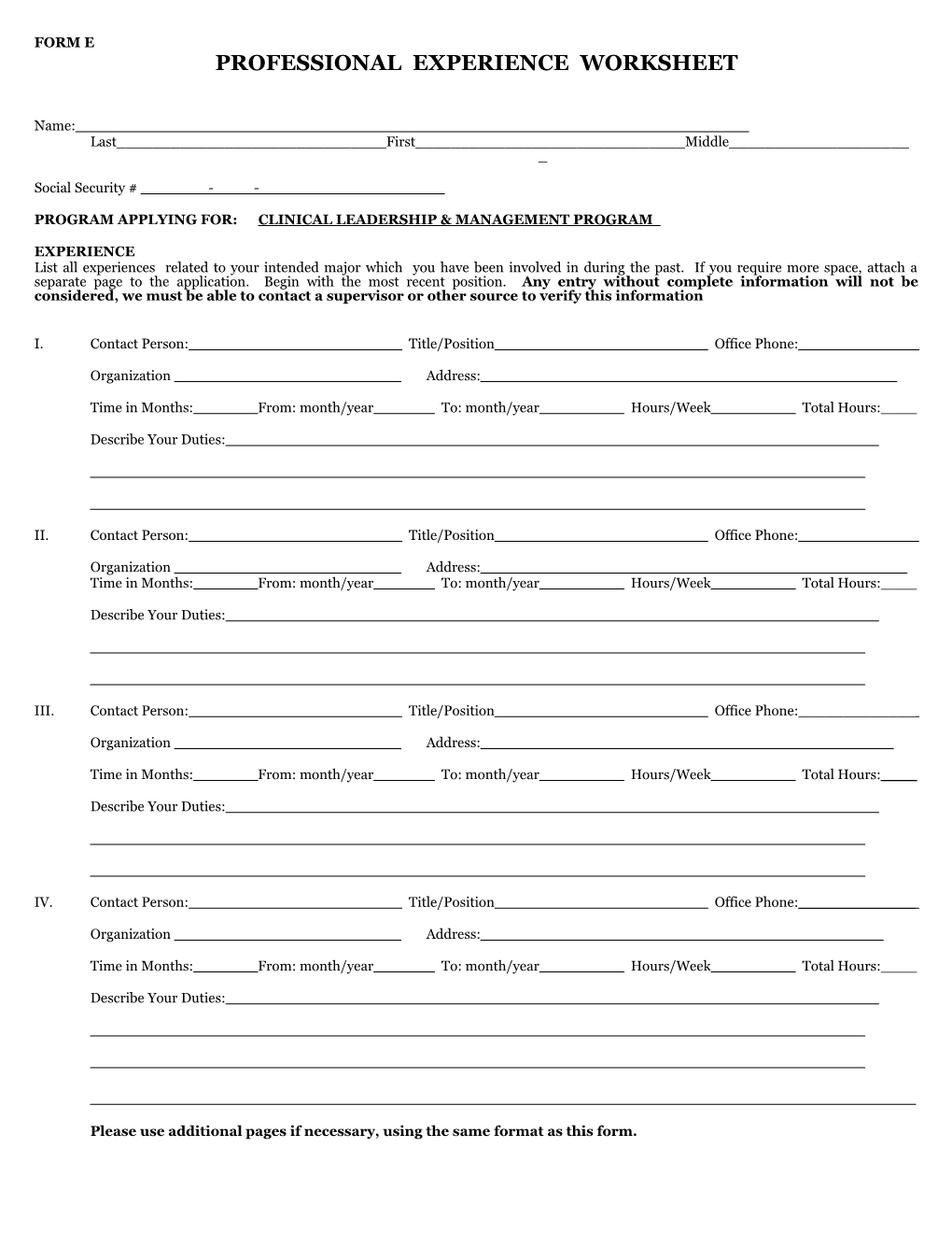 Professional Experience Worksheet