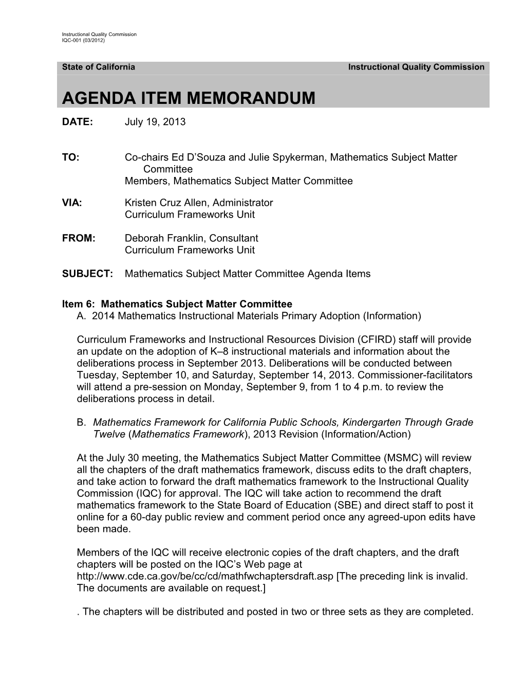 Math Subject Matter Committee Agenda - Instructional Quality Commission (CA Dept of Education)